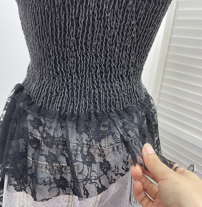 Slim Asymmetric Faded Jean Lacy Panel Fringed Bandeau