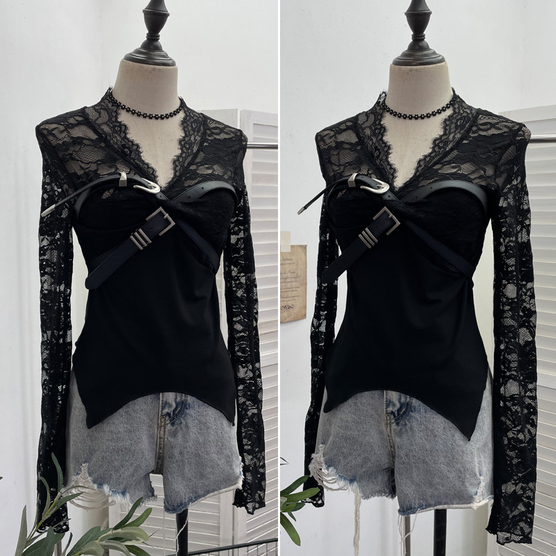 Plunging Wrist-Length Cropped Asymmetric Hem Cinch-Waist Top