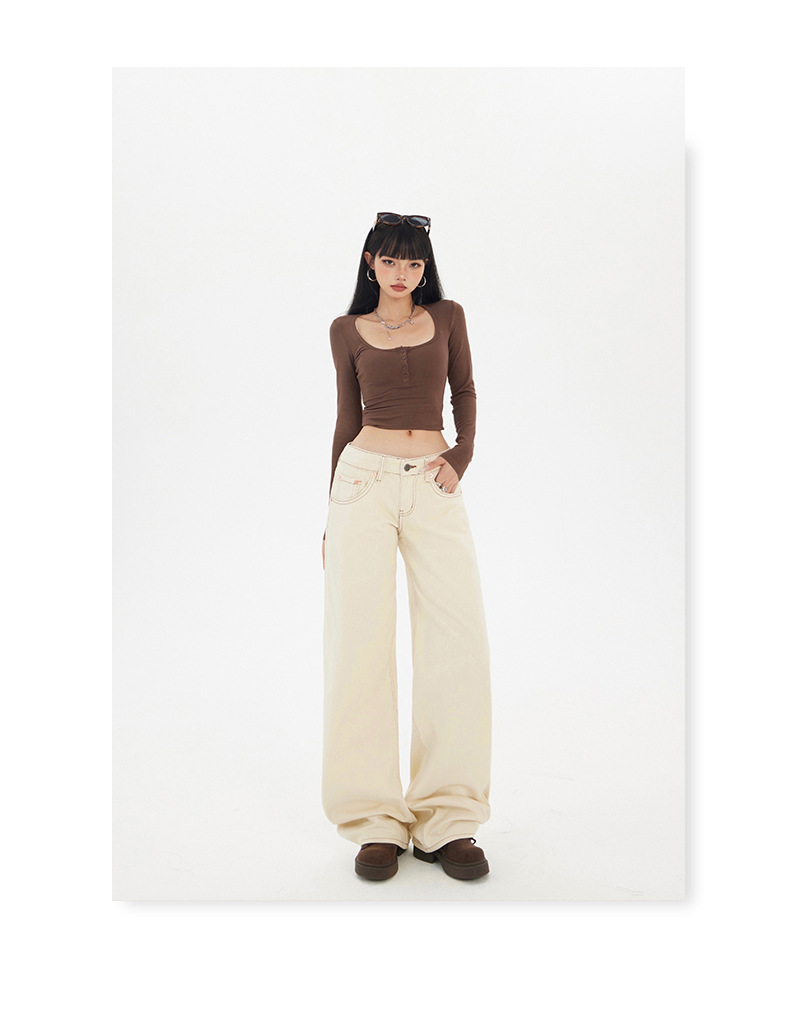 Women's Apricot Wide-Leg Jeans Slimming Versatile Low-Waist Floor-Length Straight Pants