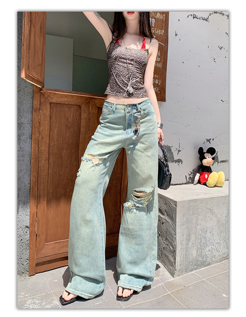Women's Thin Straight Hole Jeans High Waist Slim Narrow Leg Wide Leg Pants