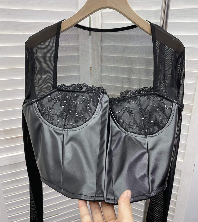 Mixed Material Square Neck Full Sleeve T-shirt