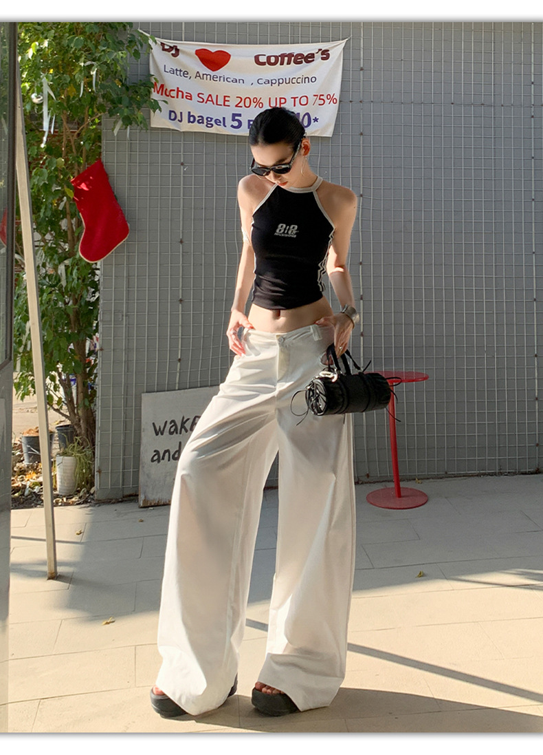 White Wide-Leg Casual Pants Light Weight High Waist Long Length Trousers for Tall Women