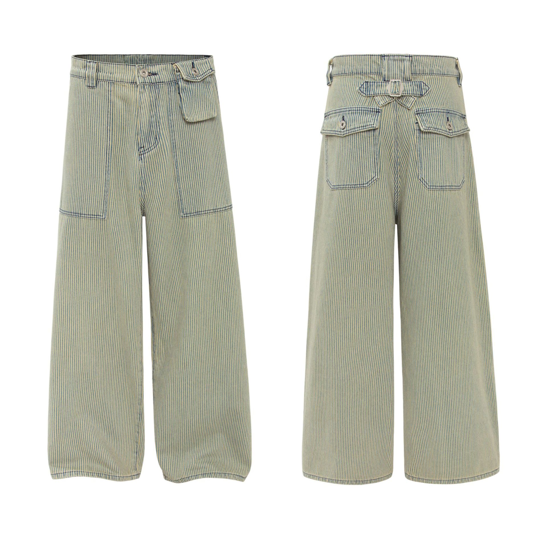 Vintage Streetwear Heavyweight High-End Striped Deconstructed Design Men's Loose Slightly Curved Work Trousers