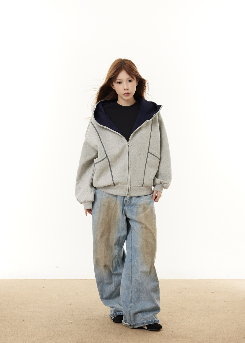 Street Relaxed Fit Zip-Up Letter Print Hoodie