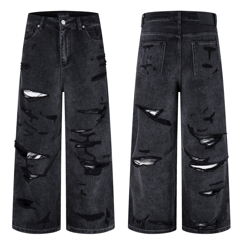 Denim Pants Loose Wide Leg Men High Street Post-Apocalyptic Style Ripped Design Plus Size Trendy Brand Original Dark Hip Hop Straight Leg Pants