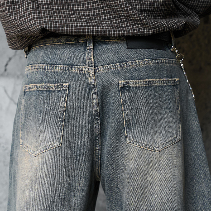 Washed Gradient Knife-Edge Denim Pants Men Streetwear High-Street Vibe Loose Straight Leg Wide Leg Pants