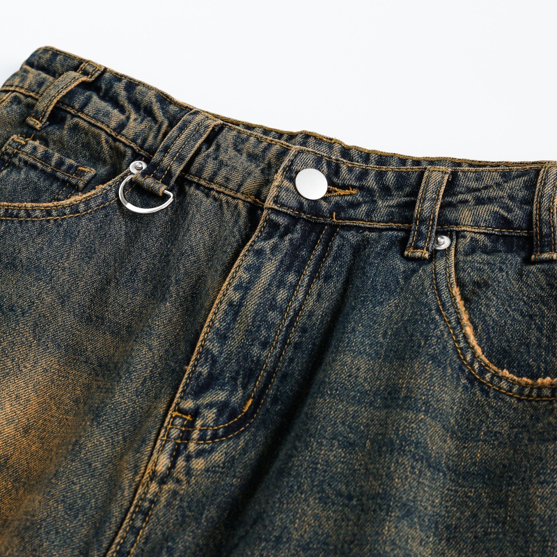 Washed Yellow Mud Color Distressed Loose Straight Leg Jeans
