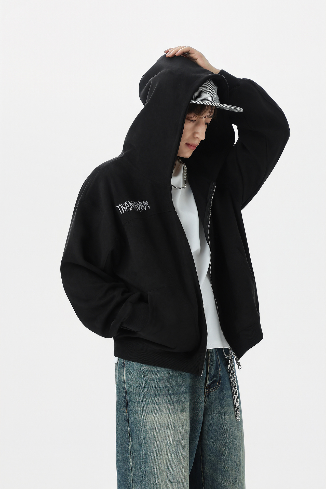 Retro Color-Block Letter Print Hooded Zip-Up Sweater