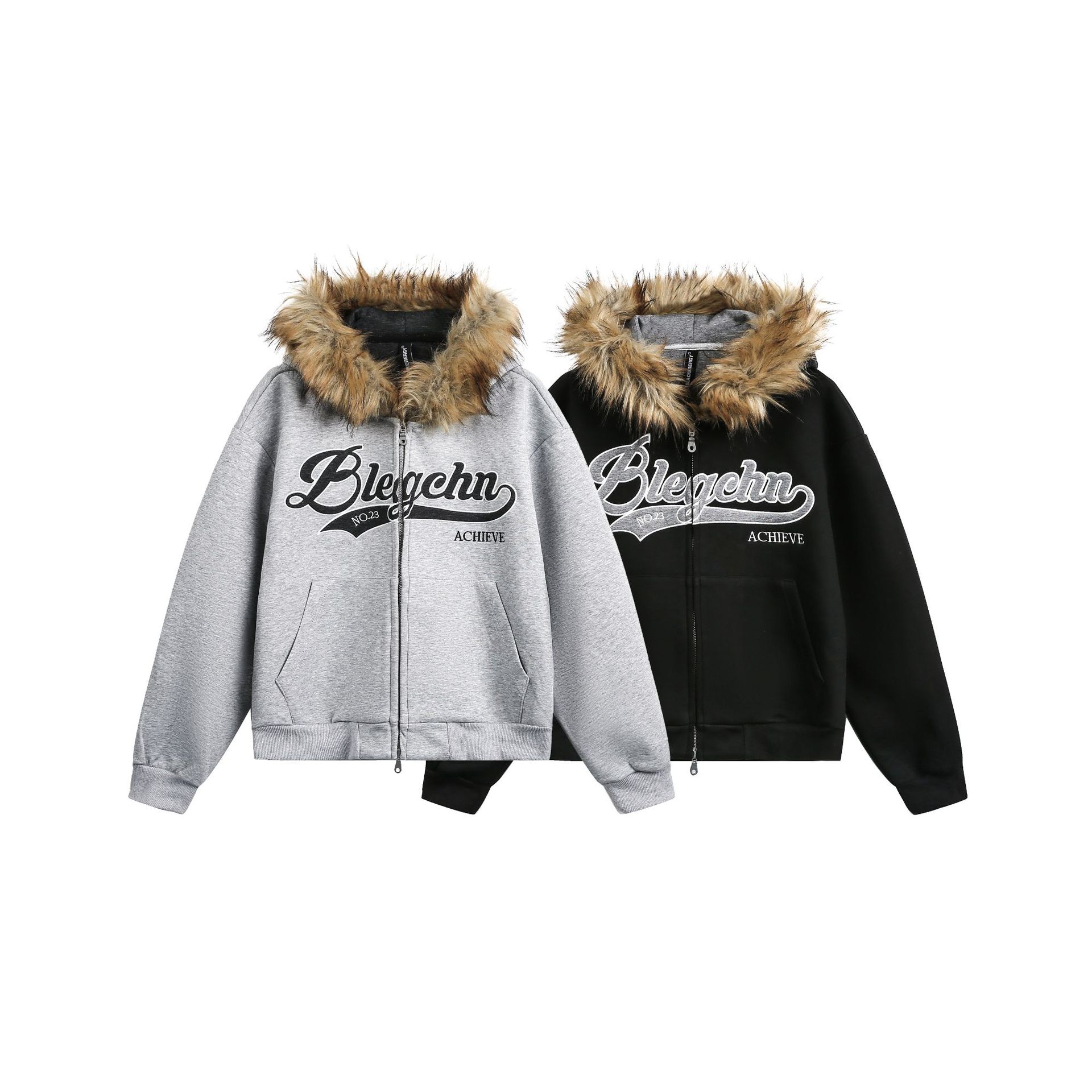 Detachable fur collar spliced zipper hoodie