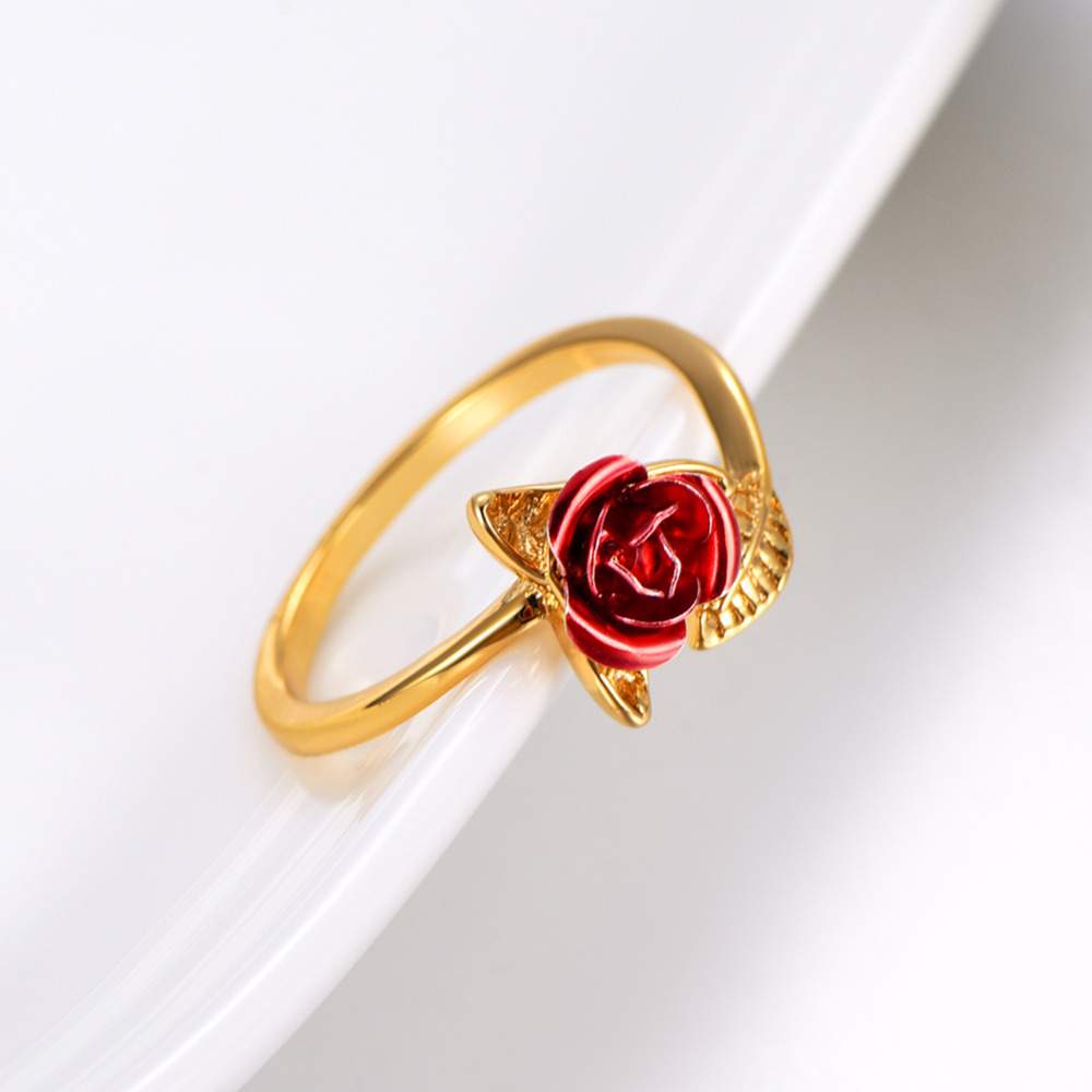 U7 Red Rose Garden Flower Leaves Resizable Finger Rings for Women Valentine's Day Gift Jewelry Hot Sale Open Ring R1019