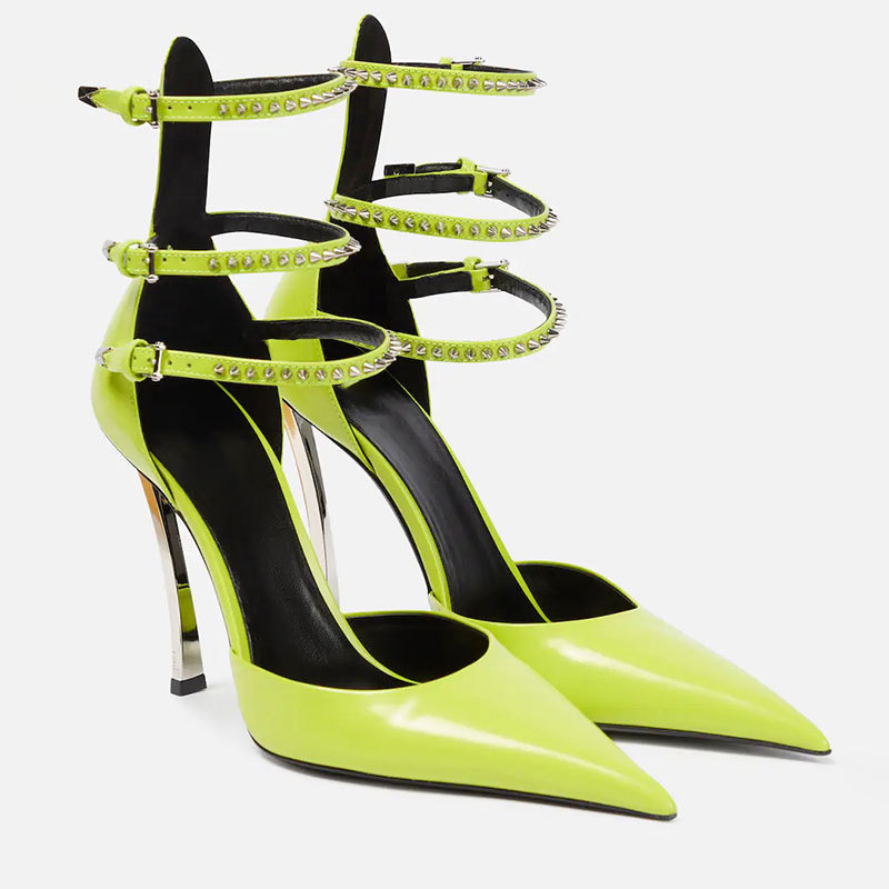 High Heel Pointed Hollow Lacquer Leather Rivet Shallow Cut Baotou Sandals Large Womens Singles