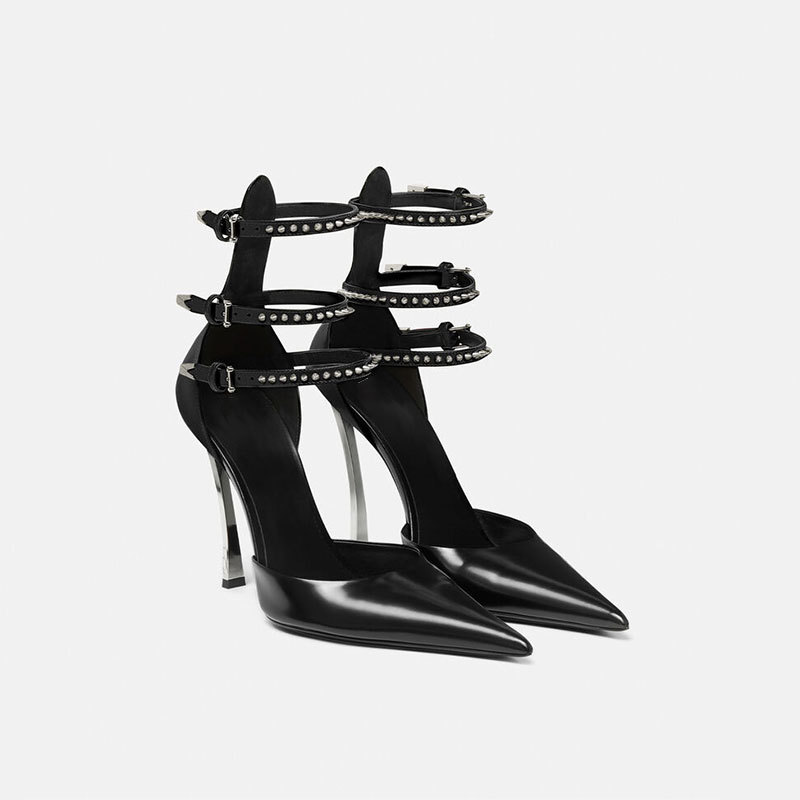 High Heel Pointed Hollow Lacquer Leather Rivet Shallow Cut Baotou Sandals Large Womens Singles