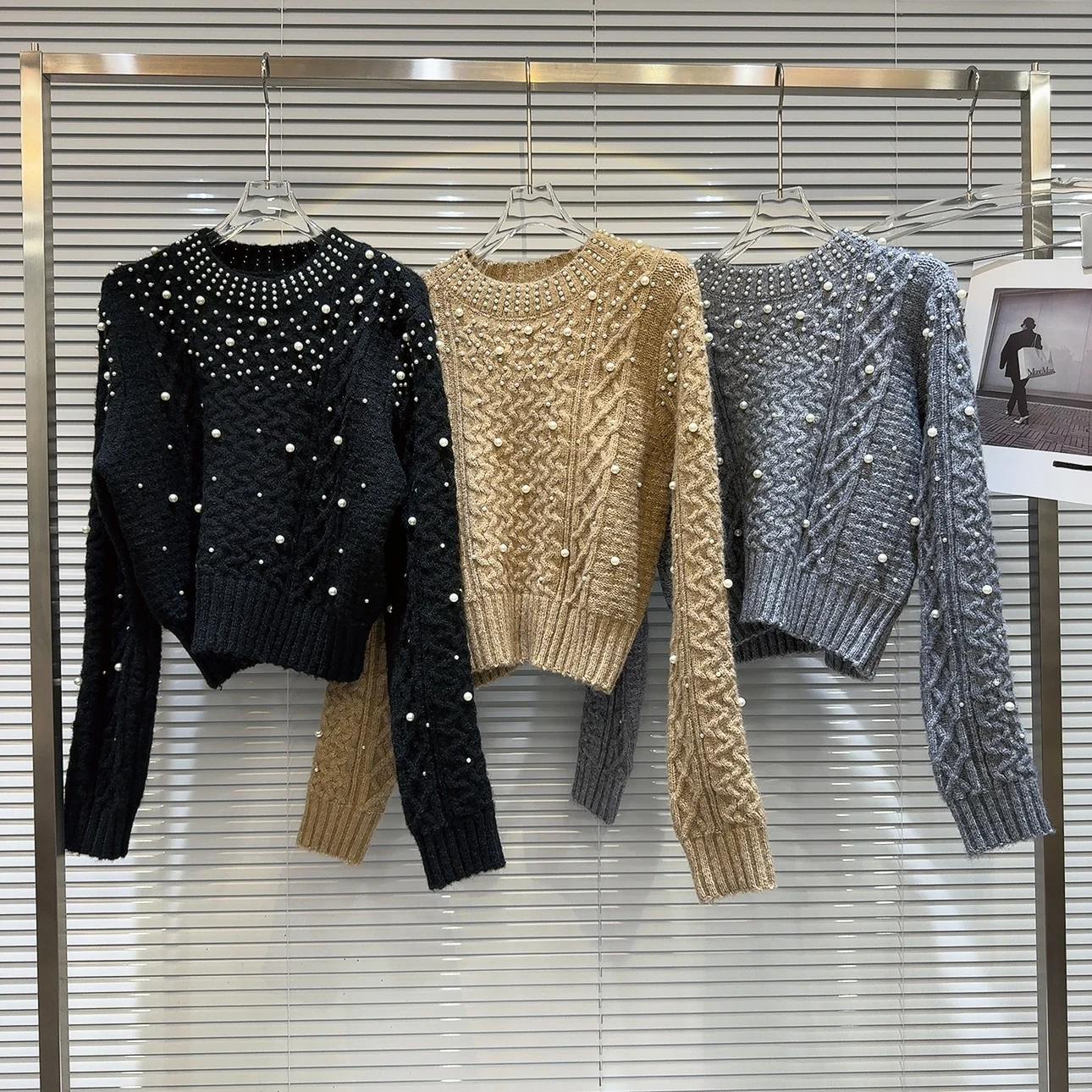 Ladies Beaded Mesh Crew Sweater