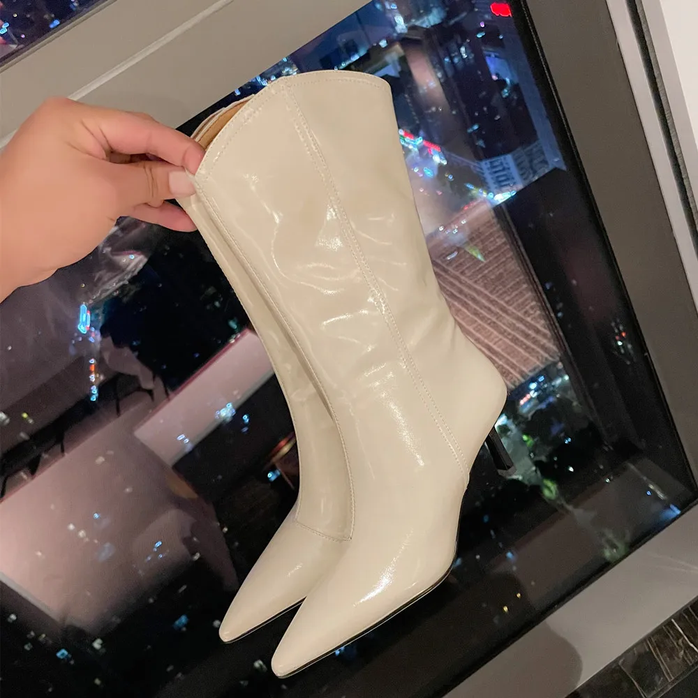 Fashion Western Women Mid-Calf Boots Pointed Toe Thin High Heels Office Lady Shoes Woman Genuine Leather Autumn Winter