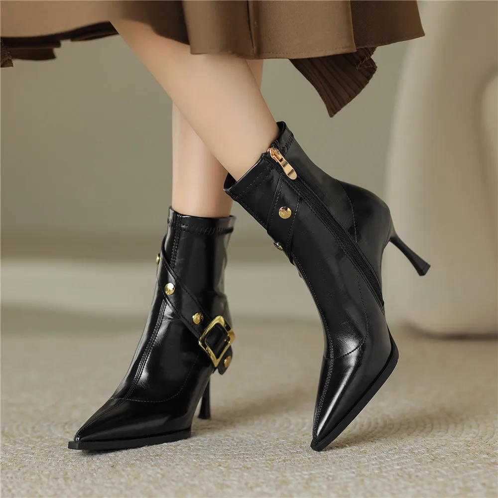 Pointed Toe Women Cow Leather Ankle Boots Thin Heels Zippers Solid Color Metal Rivet Dress Party Shoes