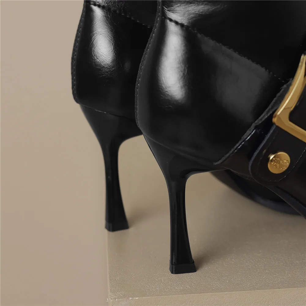 Pointed Toe Women Cow Leather Ankle Boots Thin Heels Zippers Solid Color Metal Rivet Dress Party Shoes