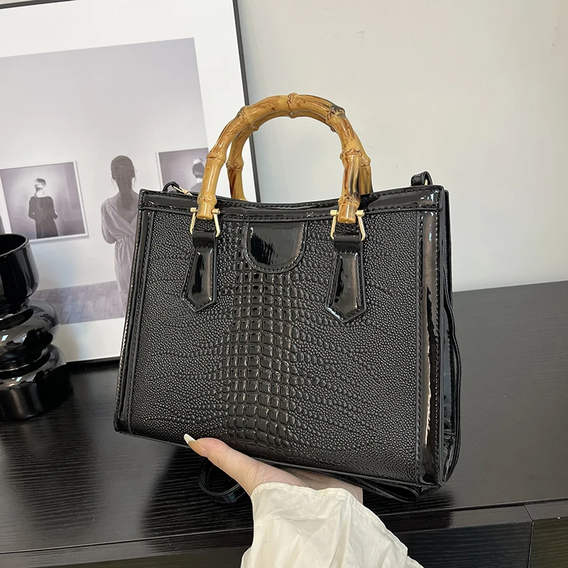 High Quality Leather Shoulder Bag For Women Luxury Alligator Handbag Designer Women Bag Retro Bamboo Handle Tote Bag Female