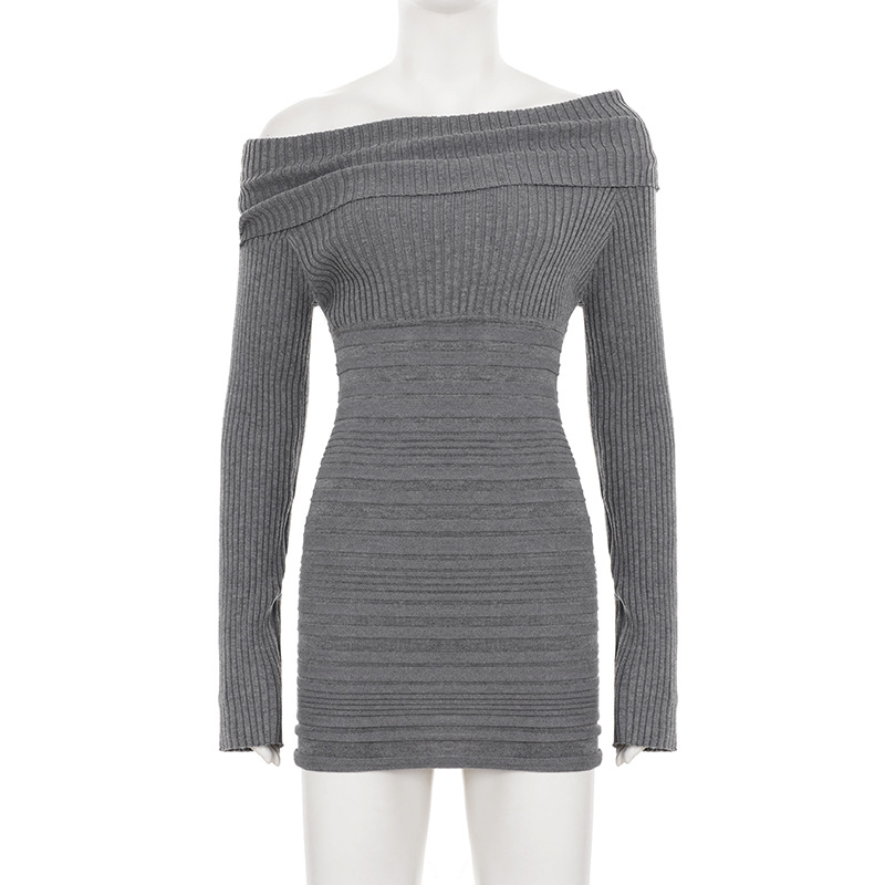 Banded Asymmetric Neck Contour Sweater Dress