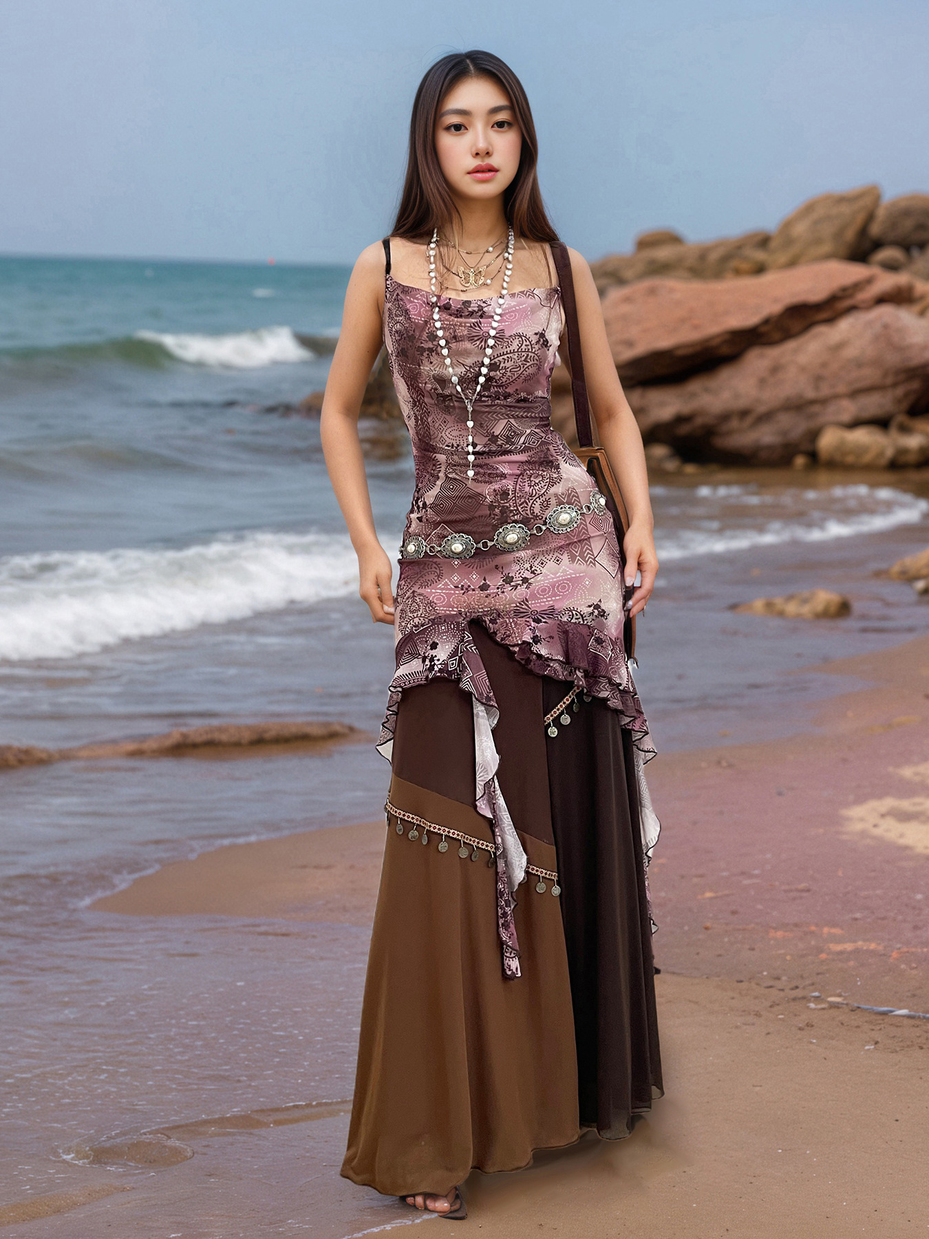 Vintage Print Irregular Hem Lace-Up Mesh Dress with Ruffle Edge and Strapless Design