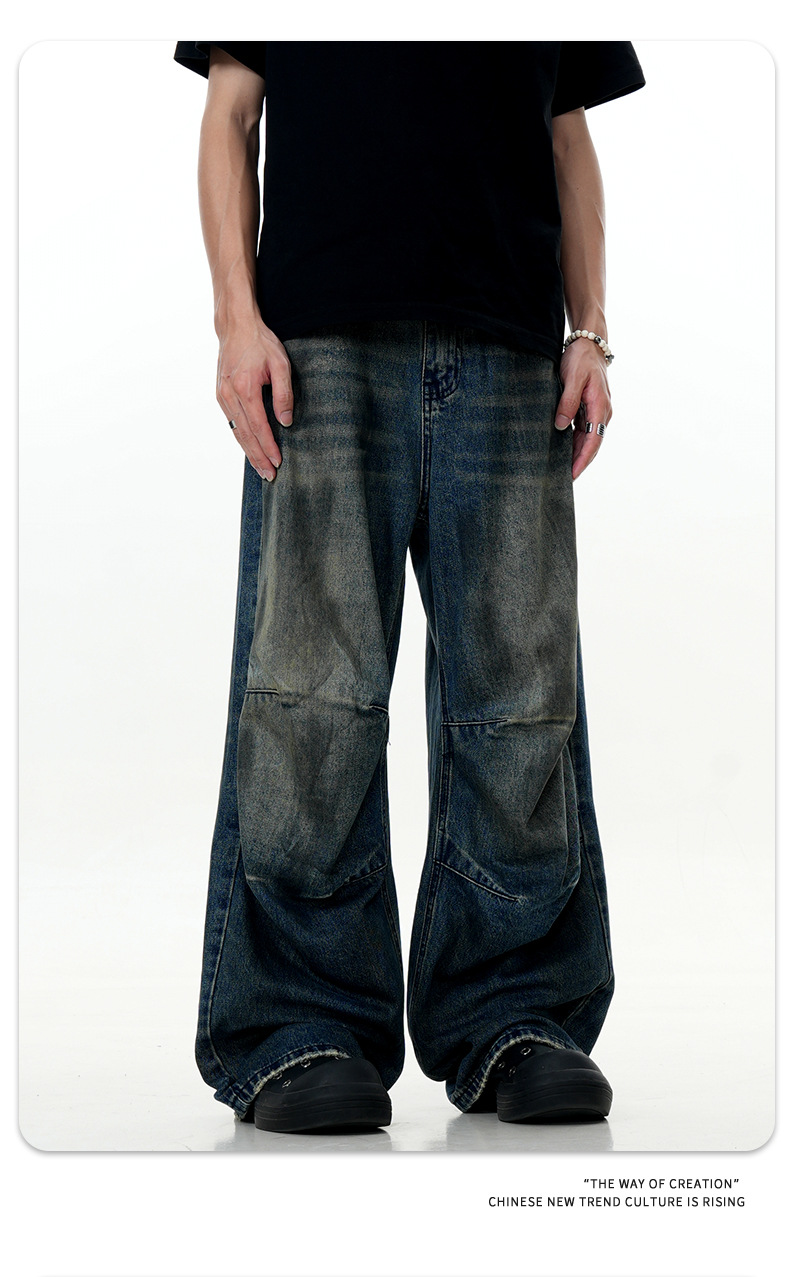 Distressed Pleated Denim Pants for Men and Women Straight Loose Casual Slim Wide-Leg Long Pants