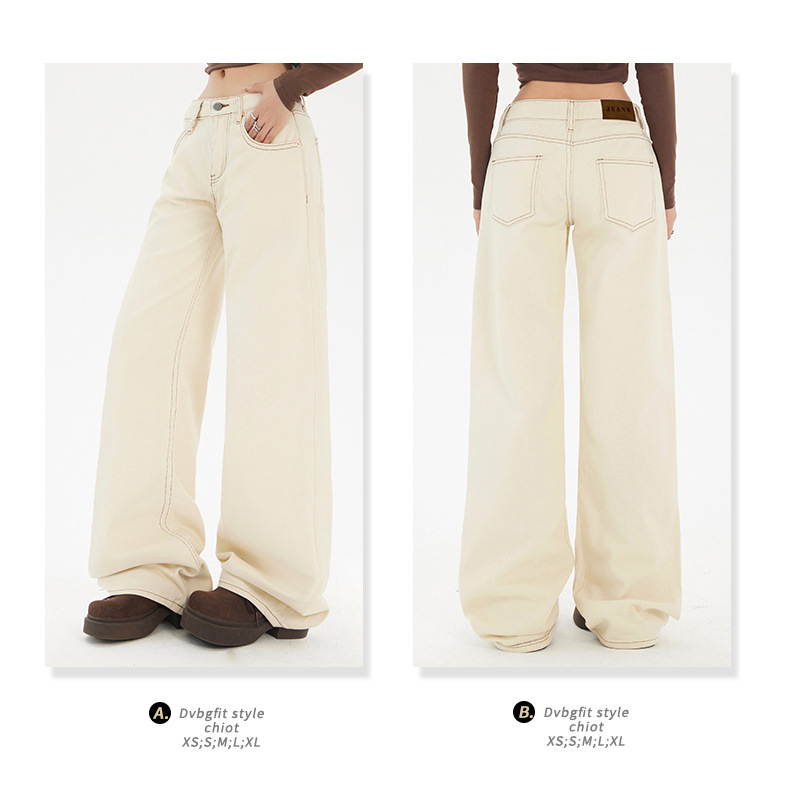 Women's Apricot Wide-Leg Jeans Slimming Versatile Low-Waist Floor-Length Straight Pants