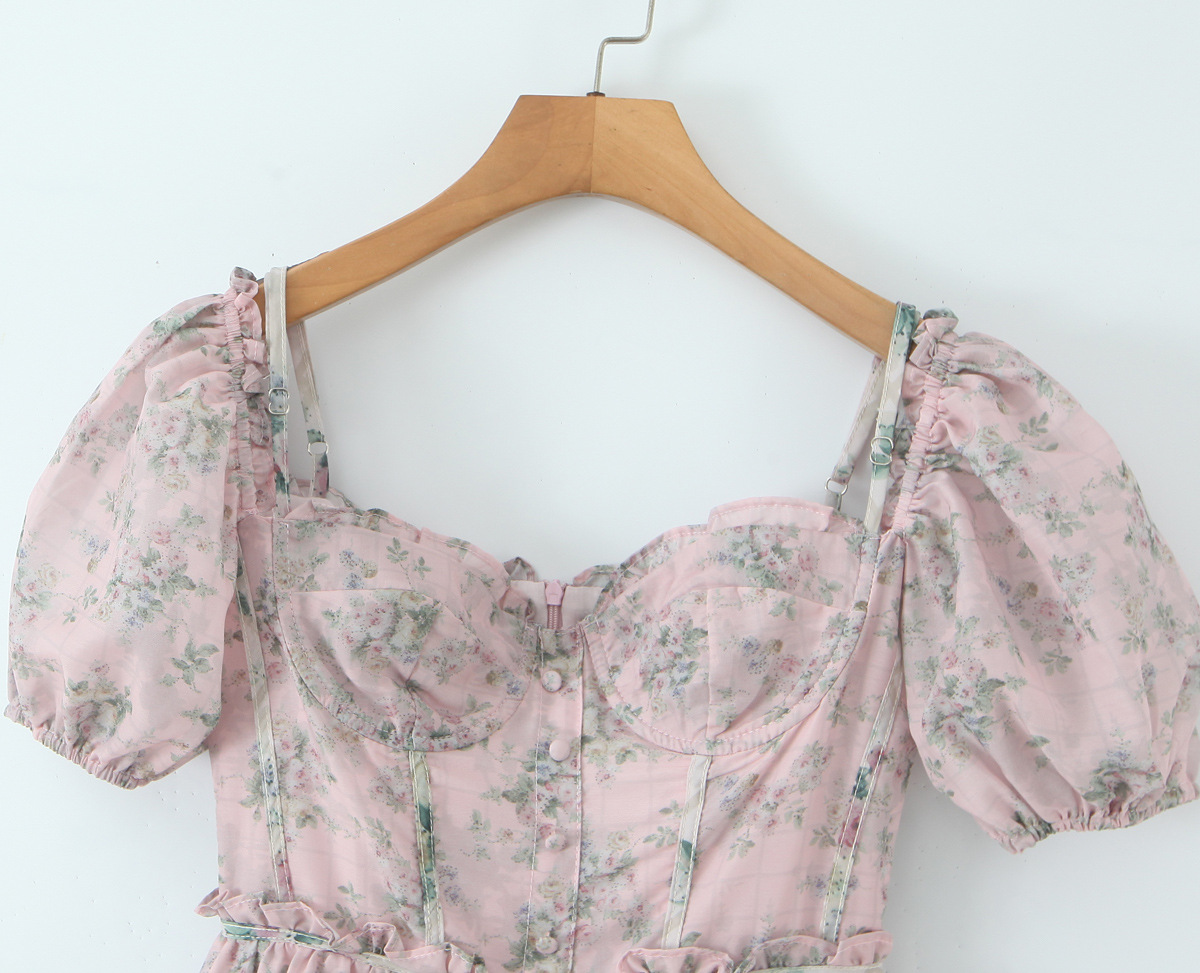 Square Neck Botanical Print Short Puff Resort Dress