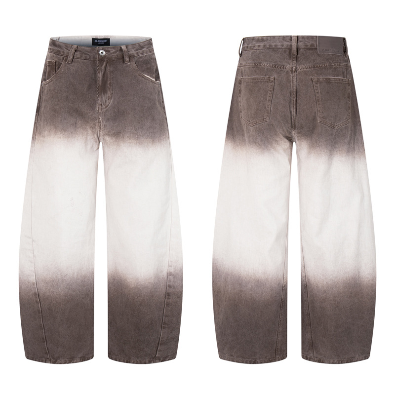 Retro Style Washed Ombre Color Knife-Edge Jeans for Men and Women, Loose Floor-Length Wide Leg Pants