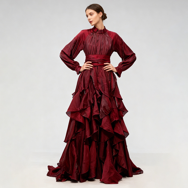 Cotton Blend Fit and Flare Ruffle Maxi Dress
