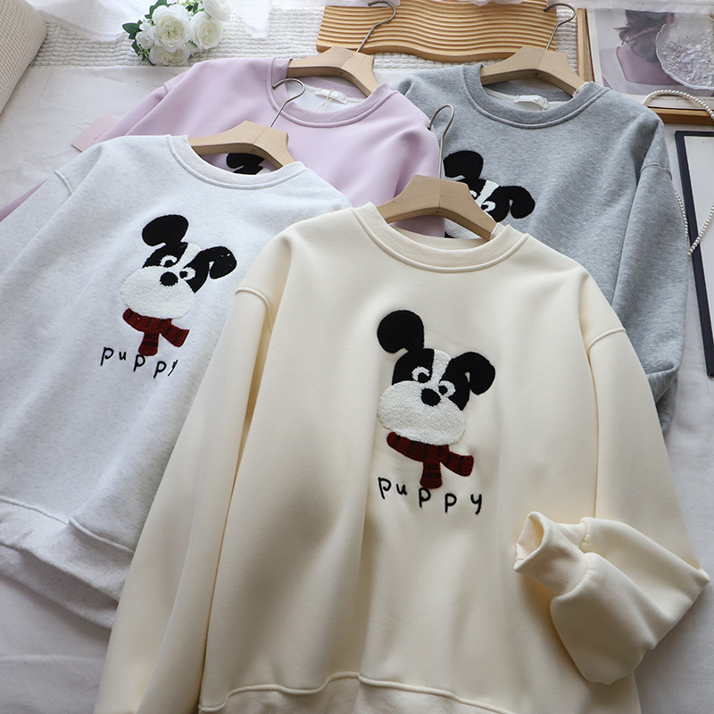 Casual Cartoon Embroidered Fleece Lined Thick Hoodie for Women Round Neck