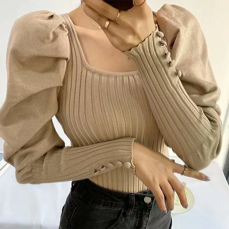 Ladies Knit Plain Geometric Neckline Puffy Sleeves Jumpsuit