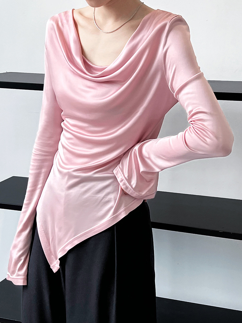 Women Slim Solid Cowl Neck Elongated Sleeve Tee