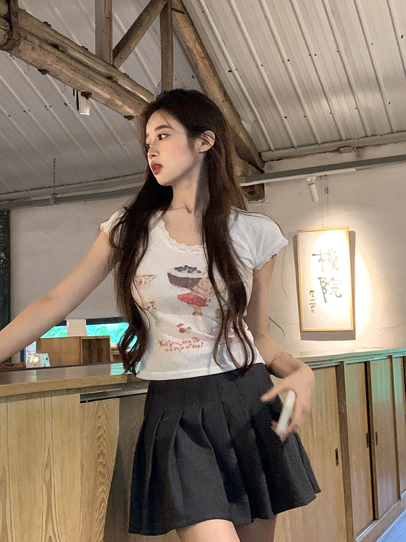 Lace lace slim fit short sleeved T-shirt