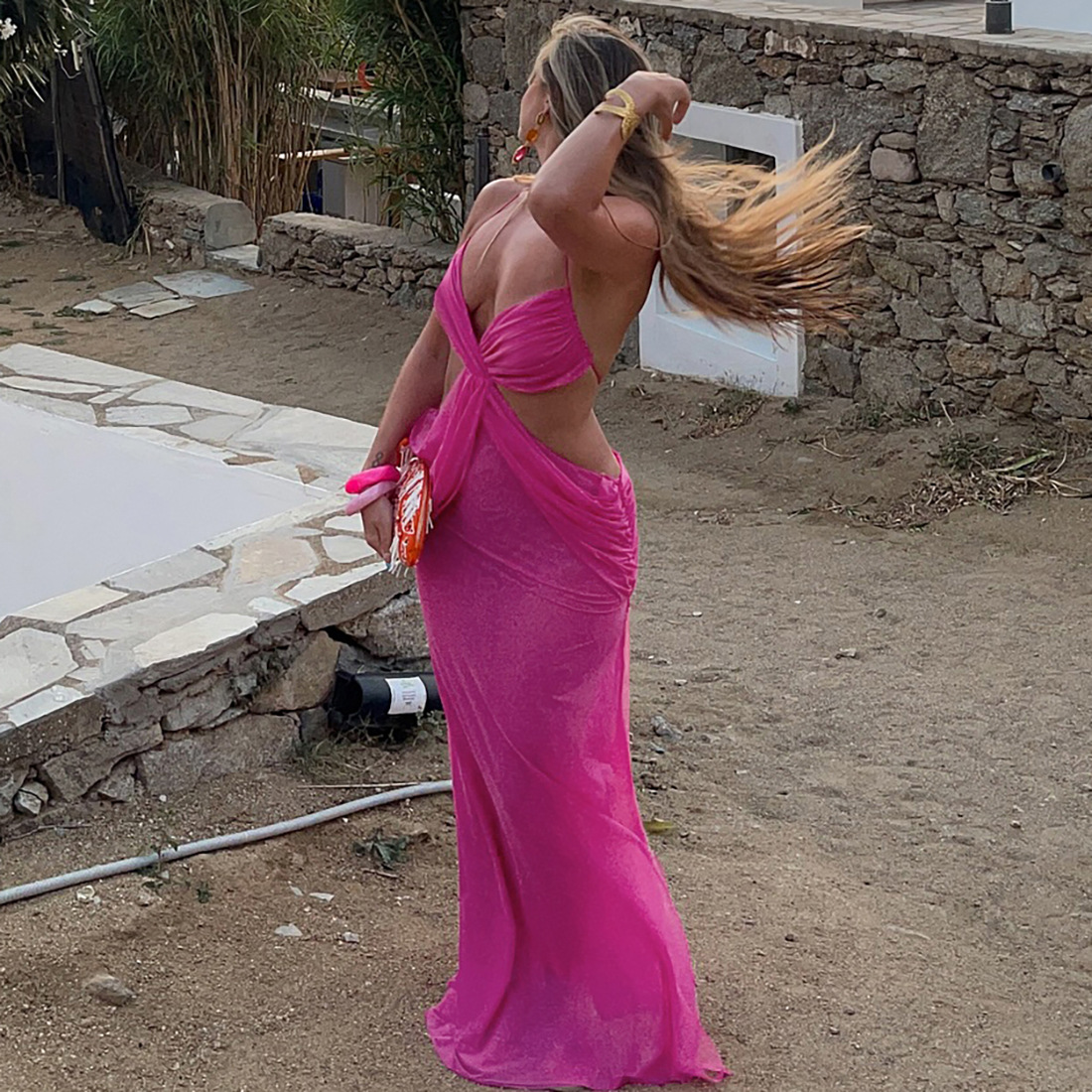 Sheer Tie Neck Open Back Maxi Dress