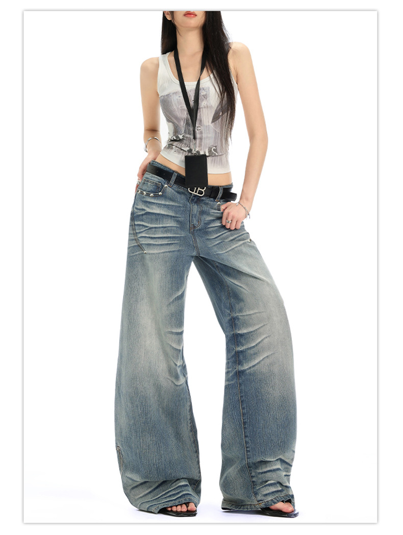 Retro Spicy Girl Washed Pleated Wide-Leg Jeans Women's Cracked Design Loose Drape Floor-Length Pants