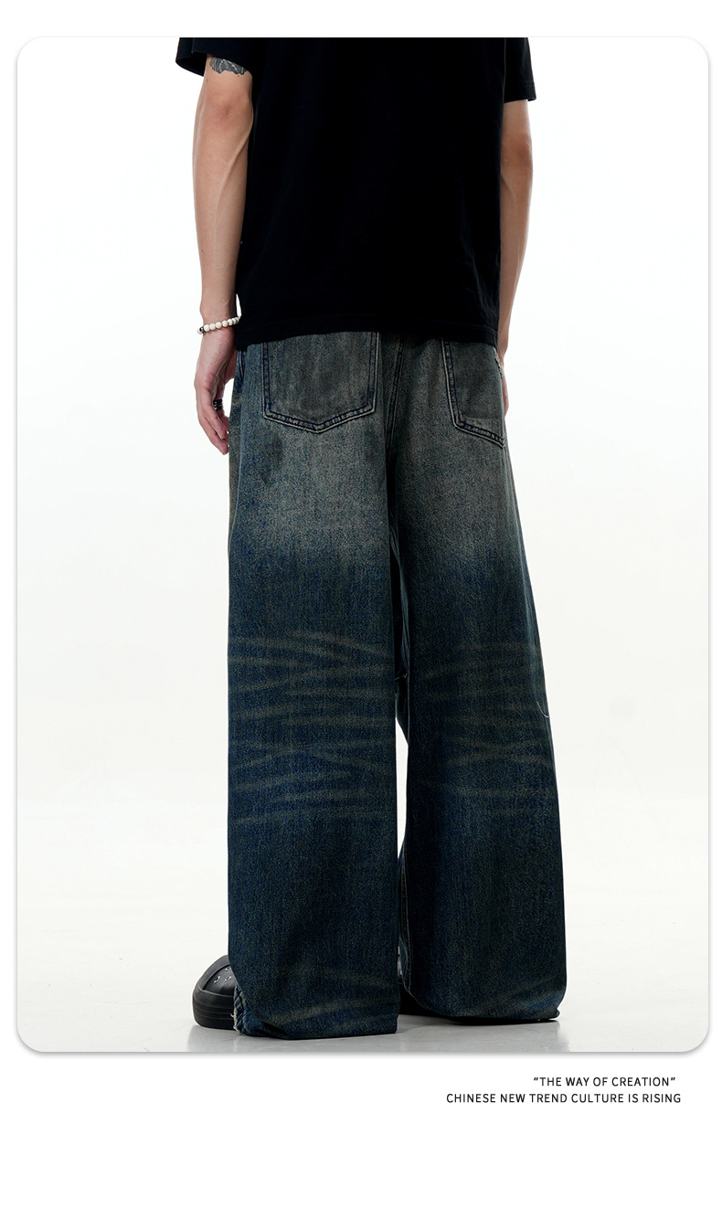 Distressed Pleated Denim Pants for Men and Women Straight Loose Casual Slim Wide-Leg Long Pants