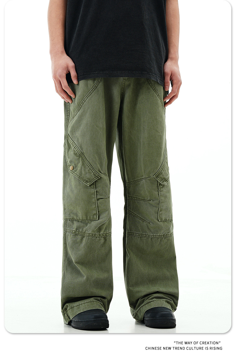 Work Pants with Adjustable Waistband and Large Pockets - Straight Leg Casual Trousers