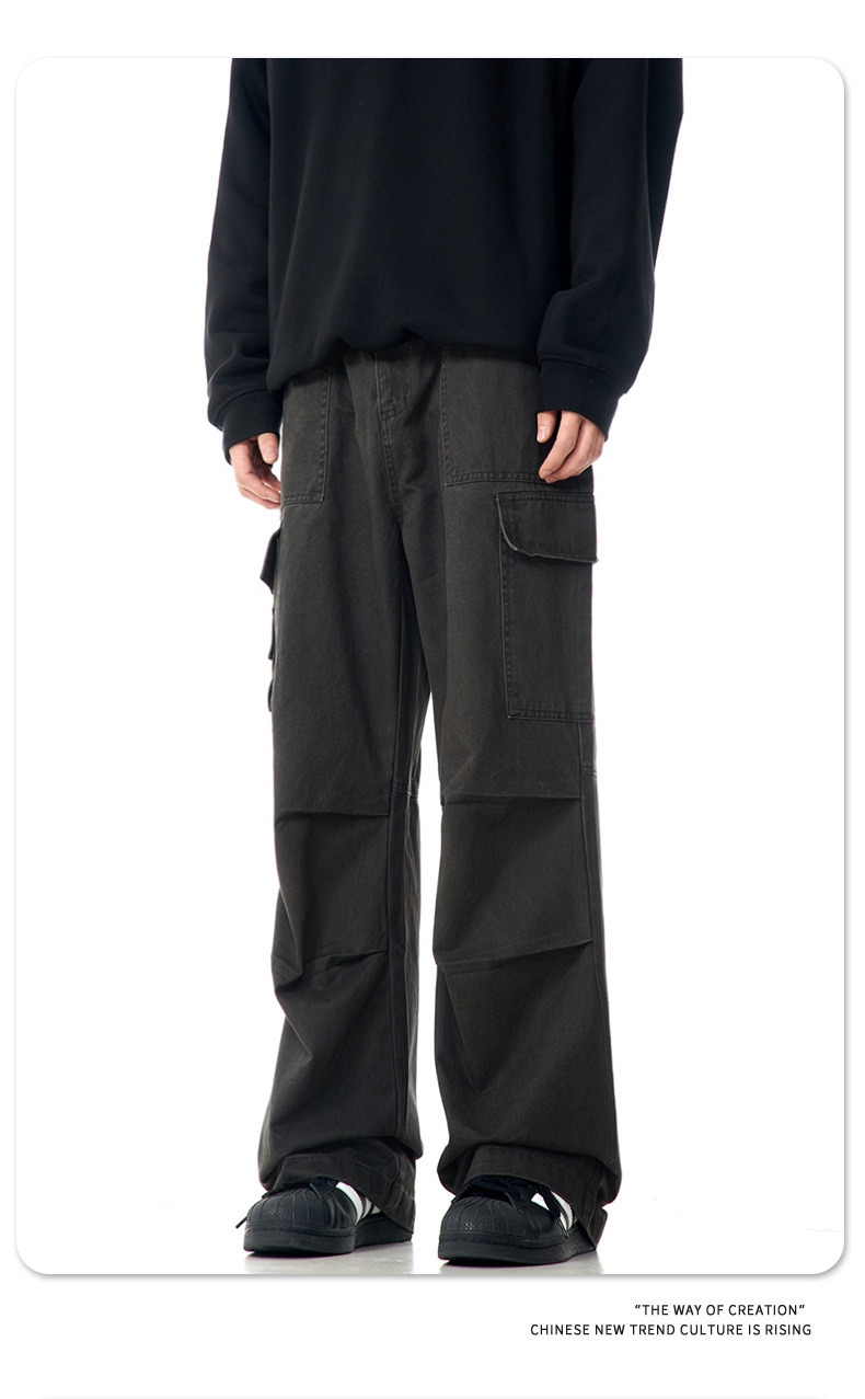 Faded Vintage Pleated Trendy Loose Fit Straight Leg Wide Leg Casual Trousers for Men and Women