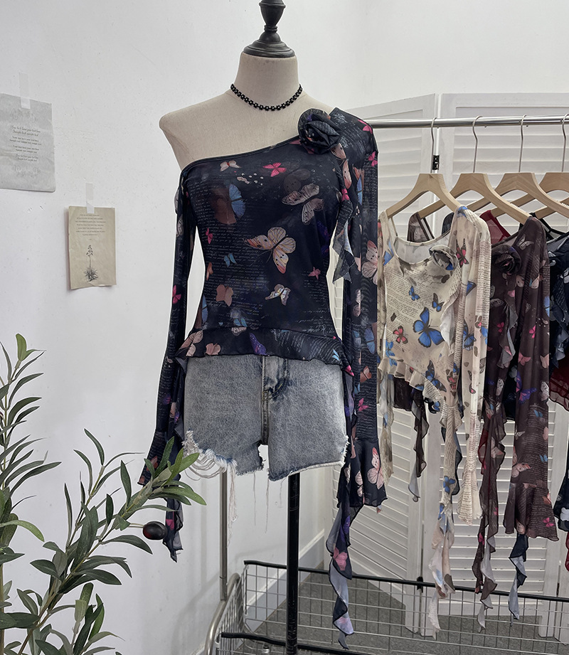 Asymmetric Pointed Floral Off-Shoulder Full Sleeve Top