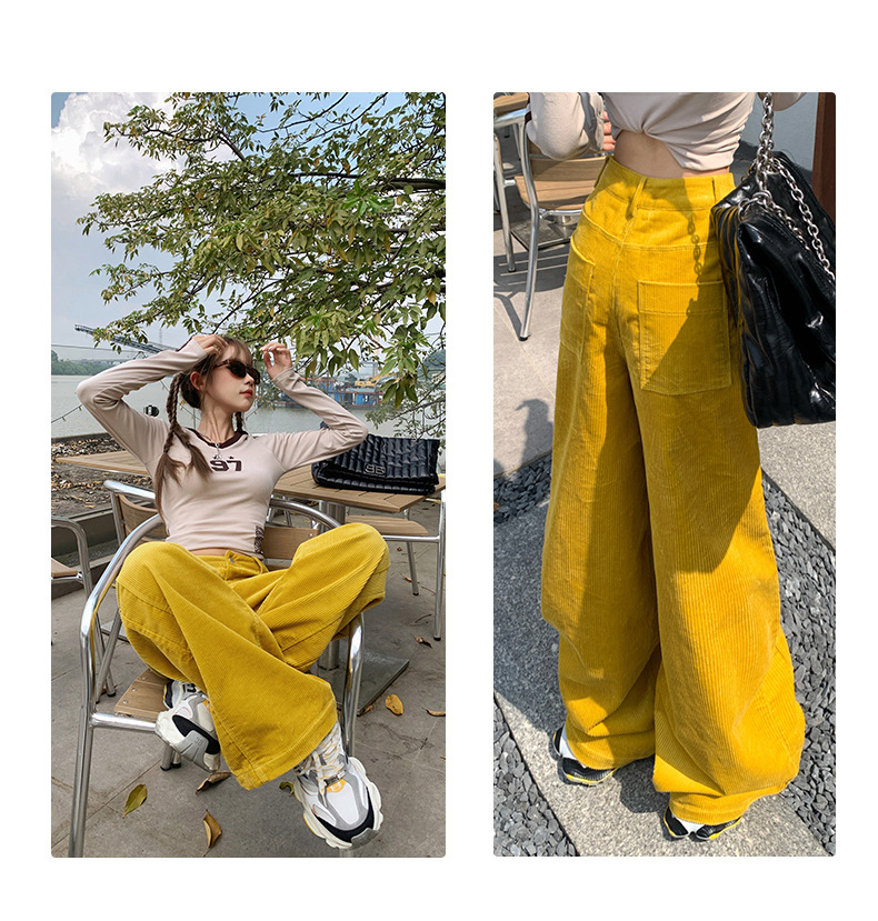 Women's Yellow Casual Pants Loose Wide Leg High Waist Corduroy Sweatpants
