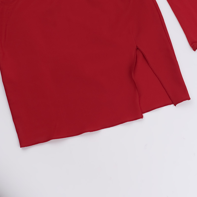 Asymmetrical Long Sleeve Sheer Ruched Side Vent Skirt