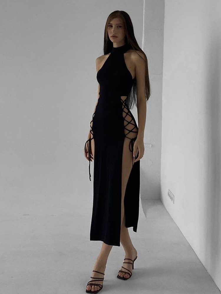 Cowl Cutout High-Waist A-Line Twin Split Dress