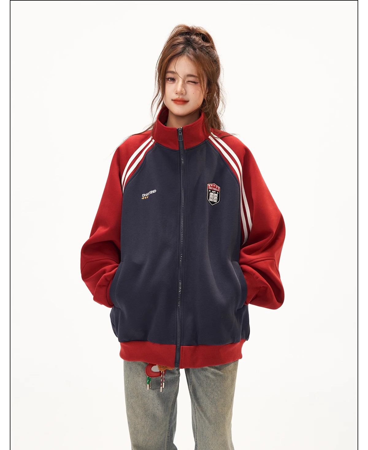 Retro Jacket for Women, High-End Patchwork Raglan Sleeve Hoodie Cardigan, Versatile Stand-Up Collar Top