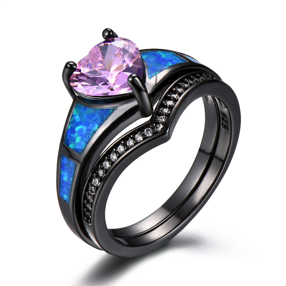 Heart Fire Opal Rings For Women Vintage Fashion Jewelry Engagement Black Gold Filled Rainbow Blue Birthstone Ring