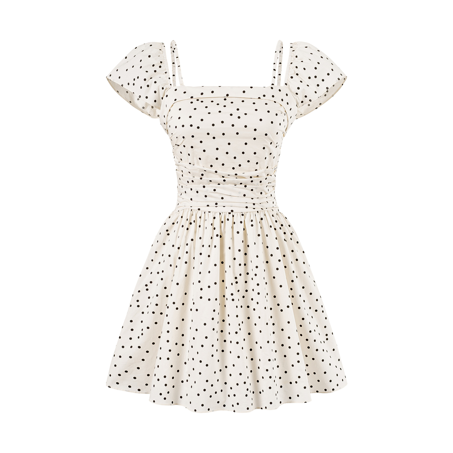 Polka dot pleated waist cinching dress