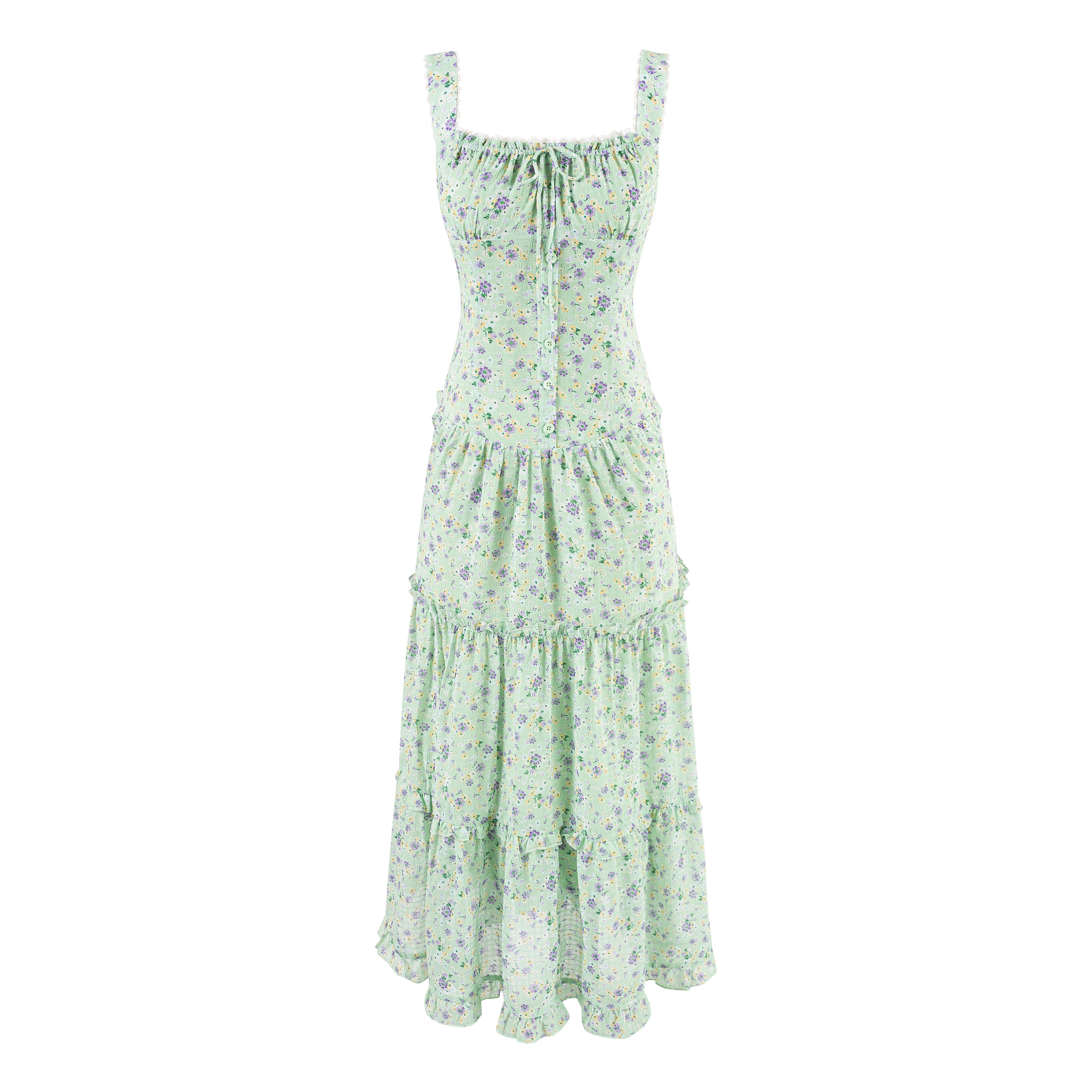 Fitted Square Neck Drawstring Lace Splicing Waist Cinched Strapless Dress with Big Flare Skirt