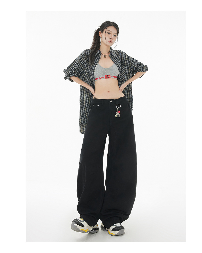 Curved Design Water-Washed Tapered Jeans Women High Street Loose Straight Wide-Leg Pants