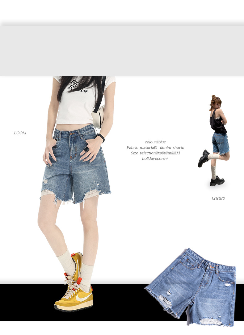 Blue Five-Quarter Denim Shorts Women Style Low Waist Ripped Straight Leg Slim Wide Leg Mid-Length Pants