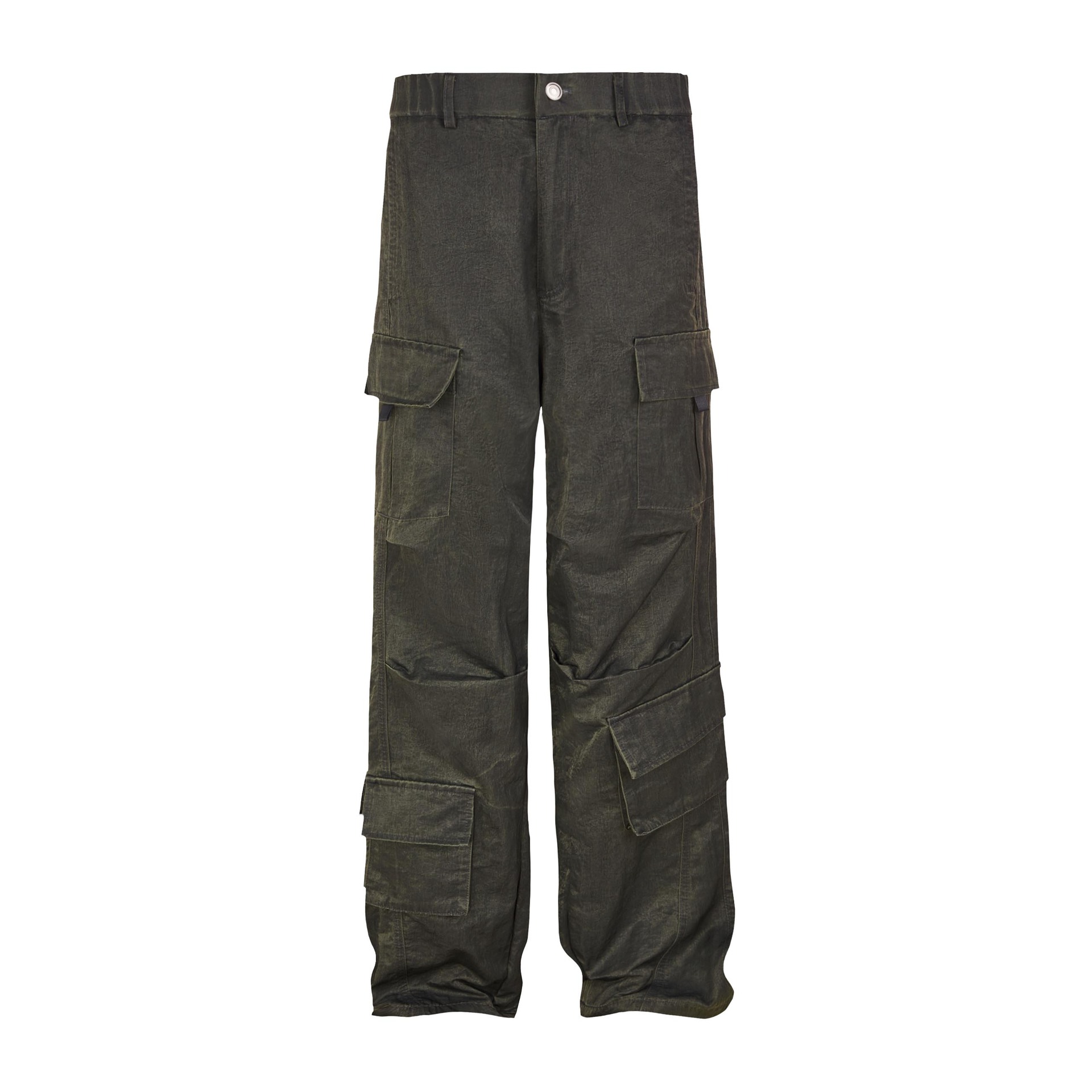 Pleated Layered Design Military Green Multi-Pocket Button Cargo Casual Trousers for Men and Women