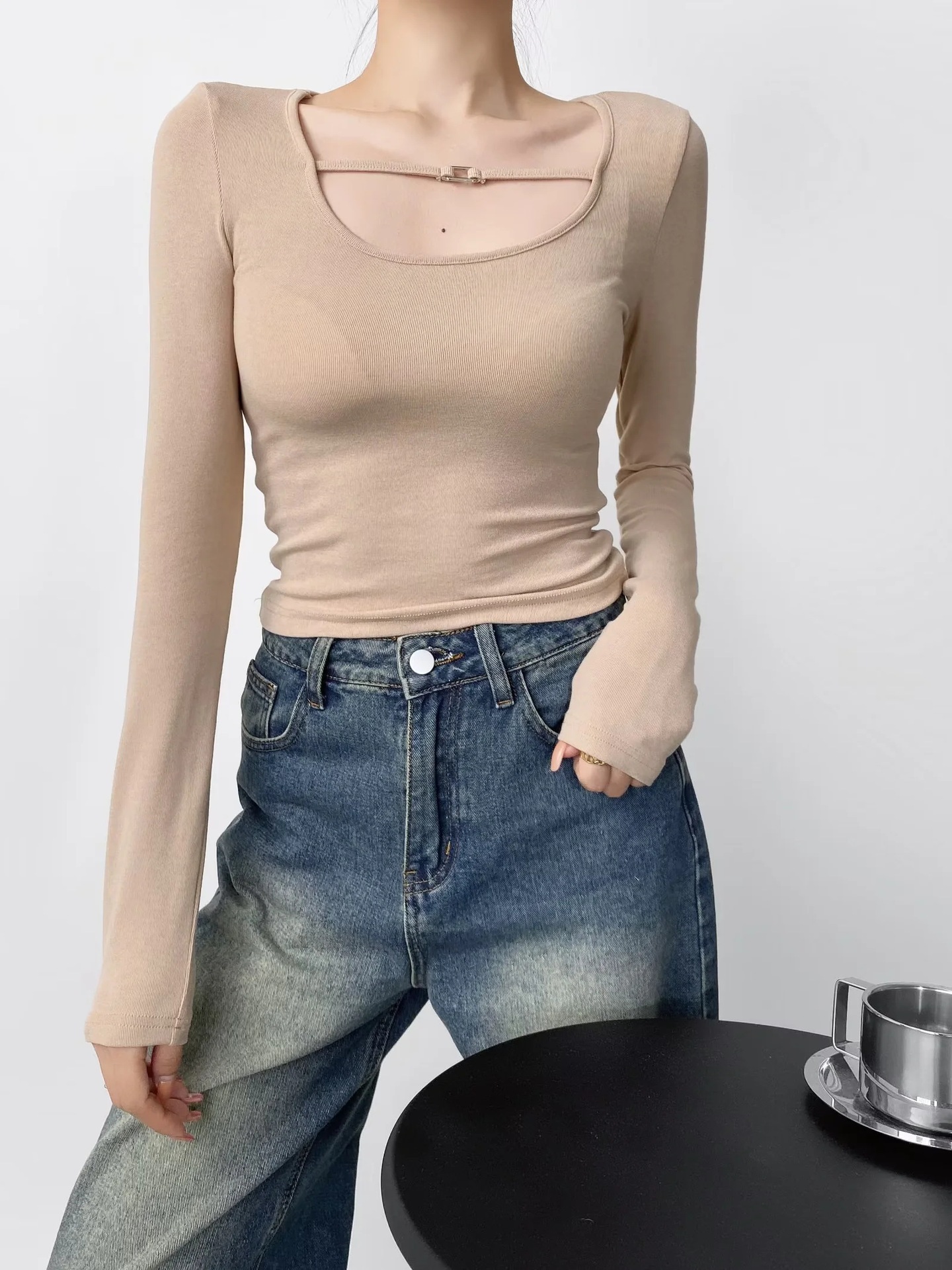 Wide Scoop Long Sleeve Cotton Top