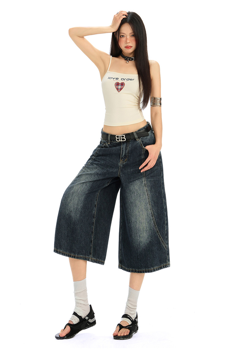 Women's Denim Pants Dark Color Versatile Loose Wide-Leg Design Sense Straight Leg Pants